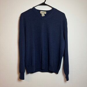 Travelsmith Mens L Navy Blue V Neck 100% Merino Wool Fine Sweater Made in Italy